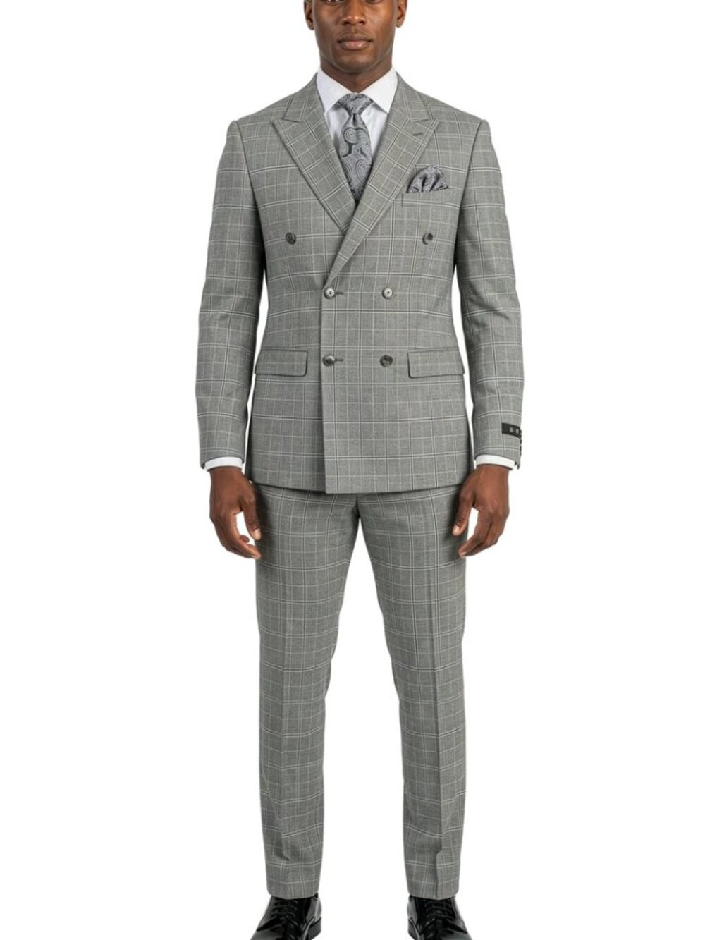 Grey Windowpane Plaid Double Breasted 2 Piece Skinny Fit Men's Suit